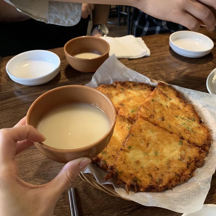 Mung Bean Pajeon and Makgeolli a great combo
